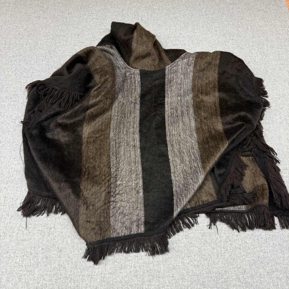Unbranded Hooded Poncho One Size Brown Striped Fringe Button Wrap Bohemian Soft - Picture 5 of 8